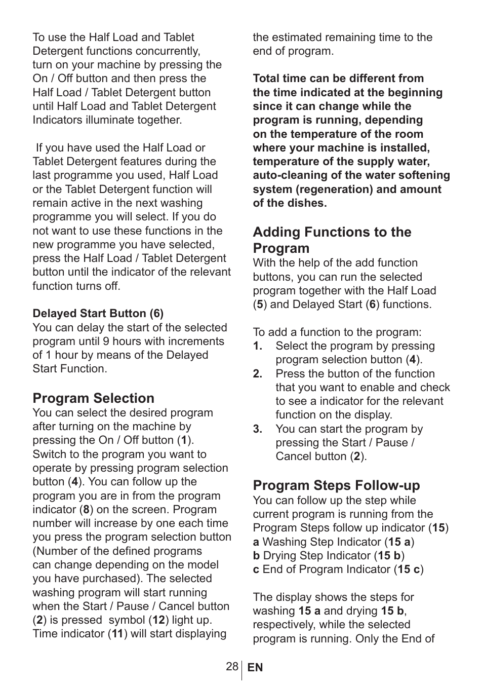 Program selection, Adding functions to the program, Program steps follow-up | Blomberg GSN 9487 XSP User Manual | Page 29 / 43