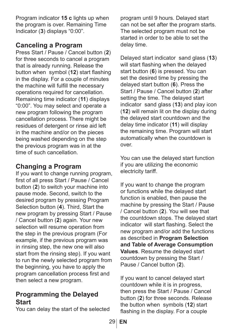 Canceling a program, Changing a program, Programming the delayed start | Blomberg GSN 9487 XSP User Manual | Page 30 / 43