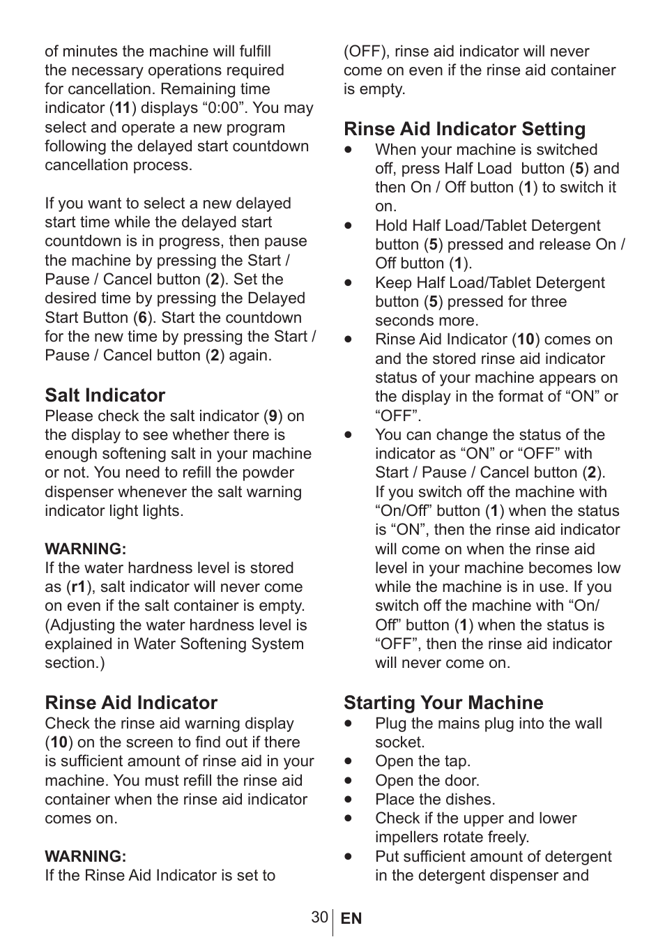 Salt indicator, Rinse aid indicator, Rinse aid indicator setting | Starting your machine | Blomberg GSN 9487 XSP User Manual | Page 31 / 43