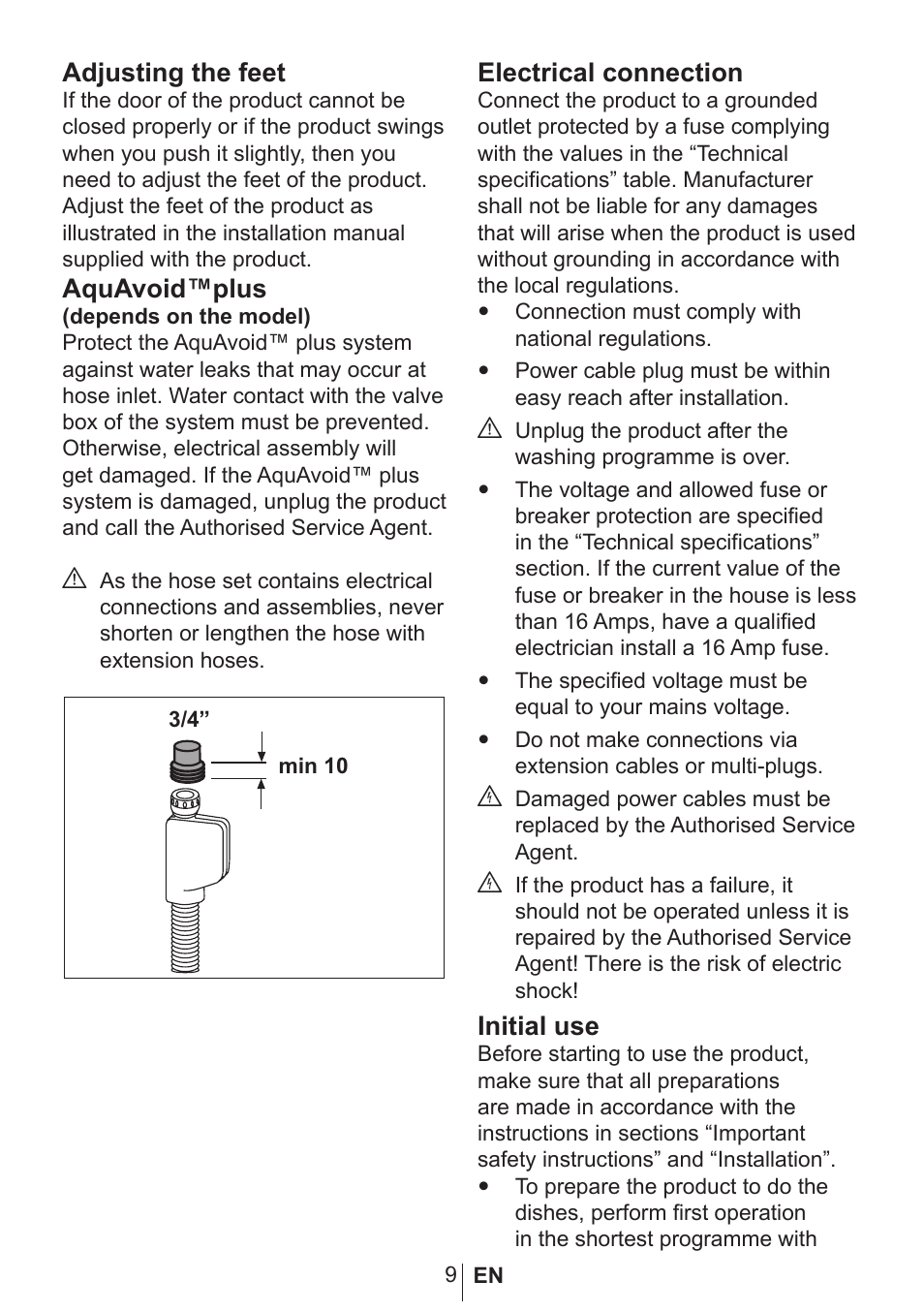 Adjusting the feet, Aquavoid™plus, Electrical connection | Initial use | Blomberg smarTouch W20 User Manual | Page 10 / 42