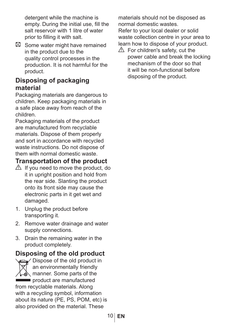 Disposing of packaging material, Transportation of the product a, Disposing of the old product | Blomberg smarTouch W20 User Manual | Page 11 / 42