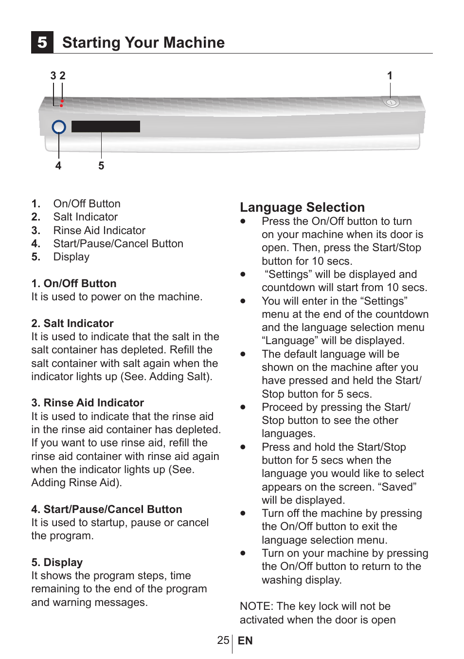 5starting your machine, Language selection | Blomberg smarTouch W20 User Manual | Page 26 / 42