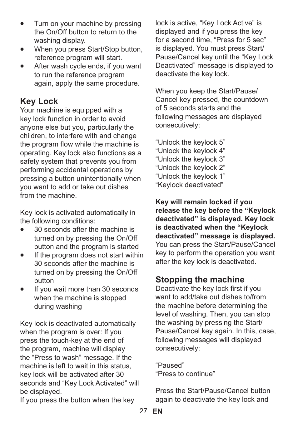 Key lock, Stopping the machine | Blomberg smarTouch W20 User Manual | Page 28 / 42
