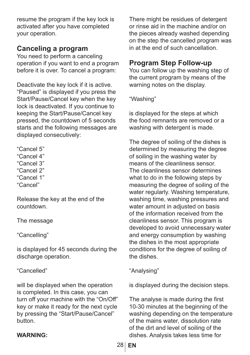 Canceling a program, Program step follow-up | Blomberg smarTouch W20 User Manual | Page 29 / 42