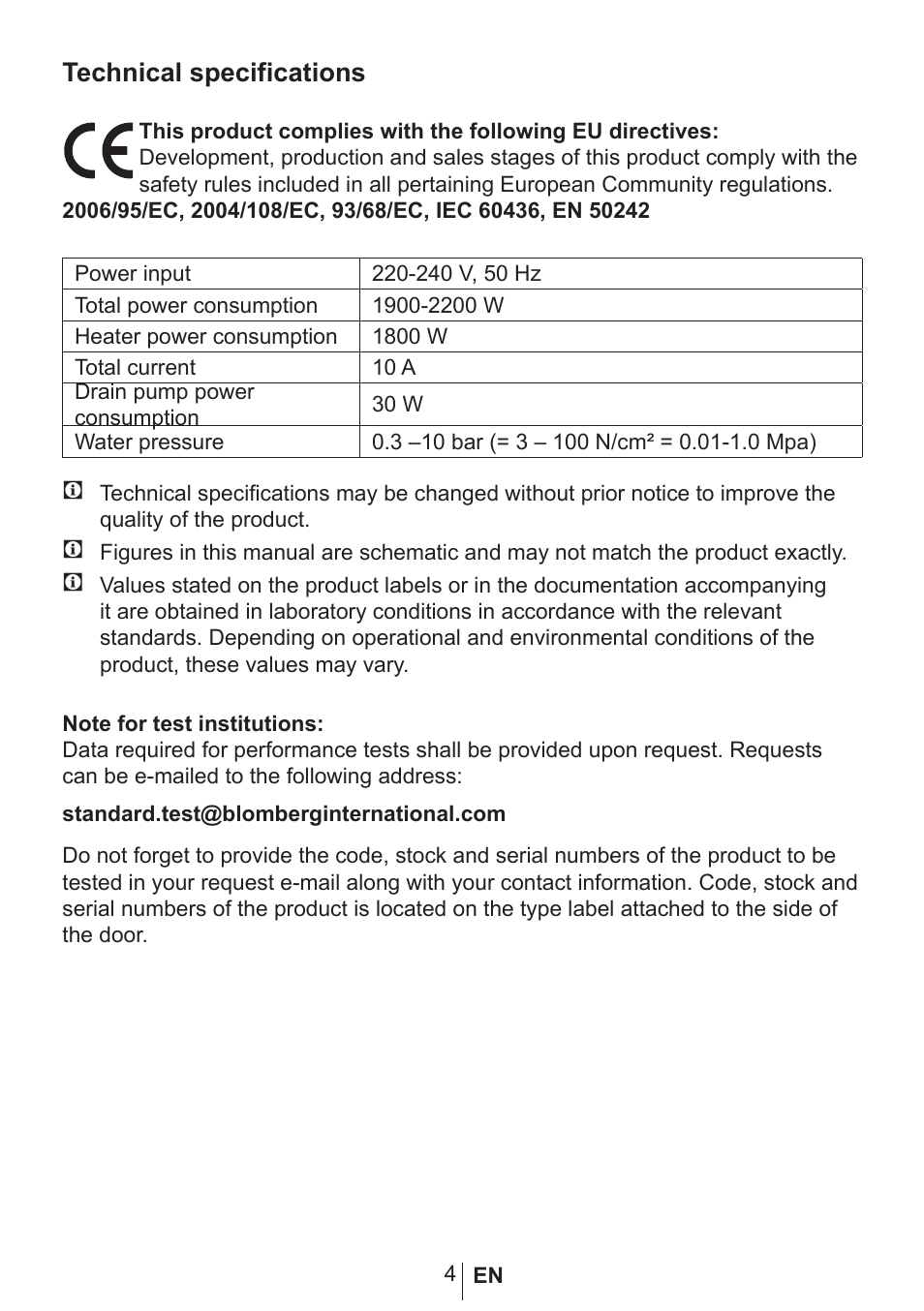 Technical specifications | Blomberg smarTouch W20 User Manual | Page 5 / 42