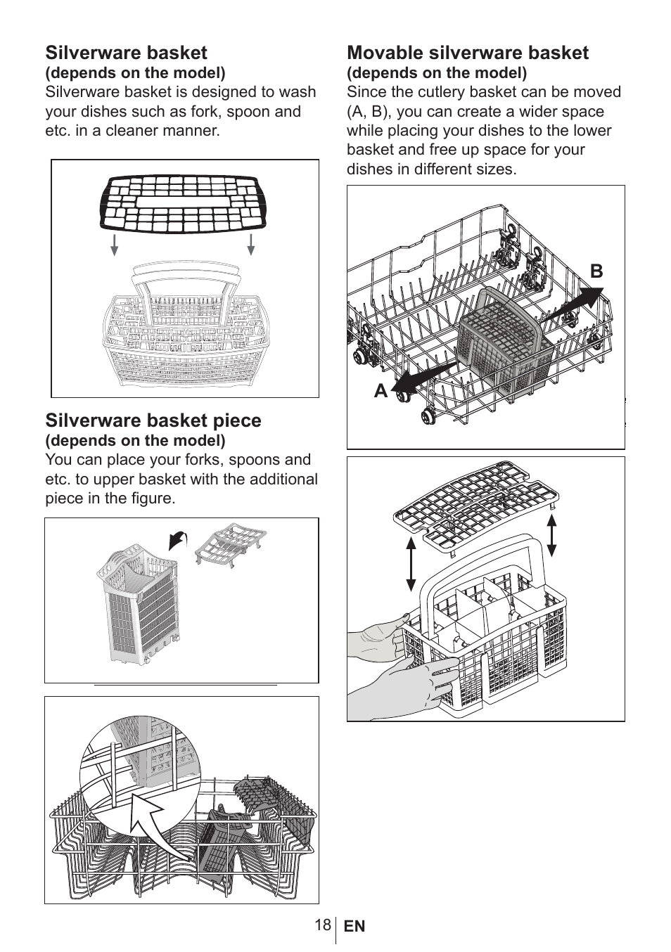 Silverware basket, Silverware basket piece, Movable silverware basket | Blomberg GSN 9583 XB630 User Manual | Page 19 / 47