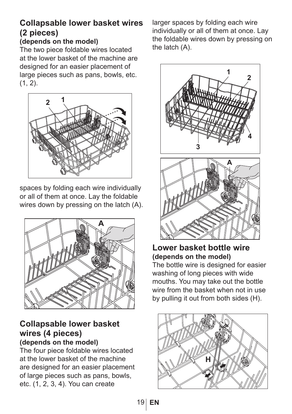 Collapsable lower basket wires (2 pieces), Collapsable lower basket wires (4 pieces), Lower basket bottle wire | Blomberg GSN 9583 XB630 User Manual | Page 20 / 47
