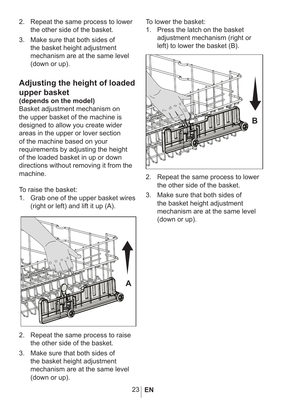 Adjusting the height of loaded upper basket | Blomberg GSN 9583 XB630 User Manual | Page 24 / 47