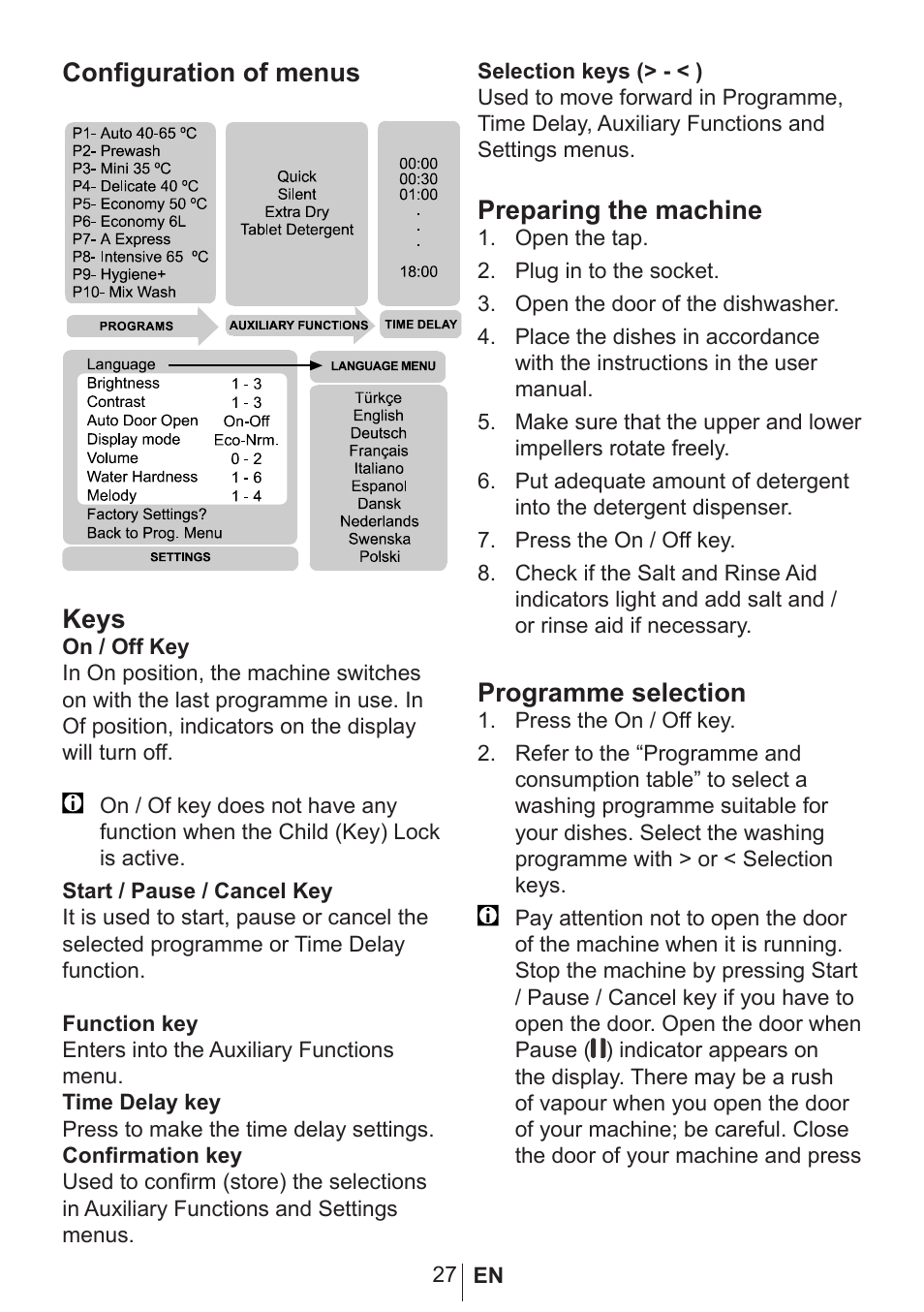 Configuration of menus keys, Preparing the machine, Programme selection | Blomberg GSN 9583 XB630 User Manual | Page 28 / 47