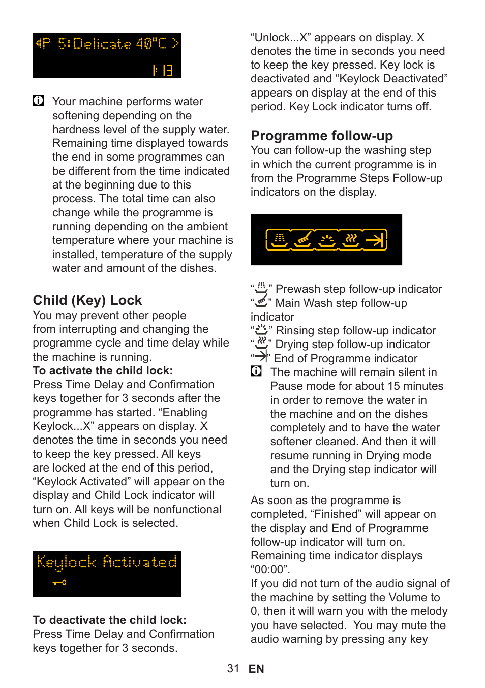 Child (key) lock, Programme follow-up | Blomberg GSN 9583 XB630 User Manual | Page 32 / 47