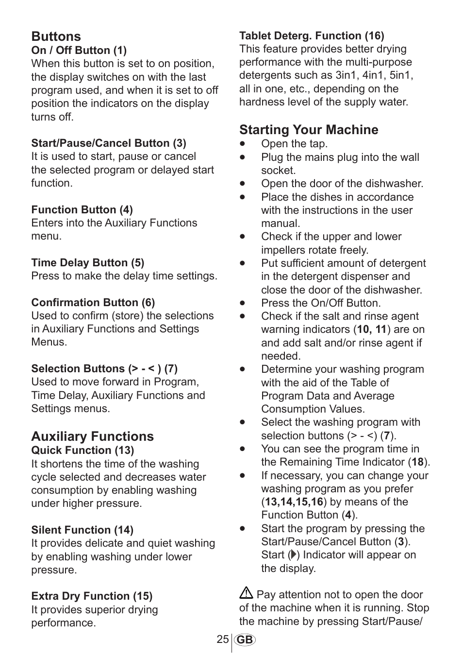 Buttons, Auxiliary functions, Starting your machine | Blomberg GSN 9583 A630 User Manual | Page 26 / 45