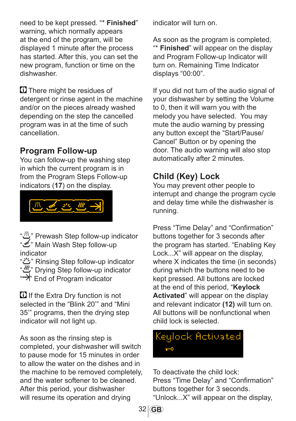 Program follow-up, Child (key) lock | Blomberg GSN 9583 A630 User Manual | Page 33 / 45