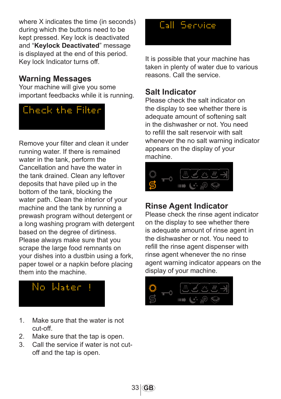 Warning messages, Salt indicator, Rinse agent indicator | Blomberg GSN 9583 A630 User Manual | Page 34 / 45