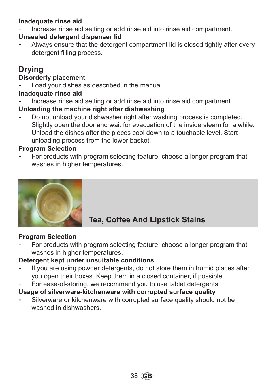 Drying, Tea, coffee and lipstick stains | Blomberg GSN 9583 A630 User Manual | Page 39 / 45