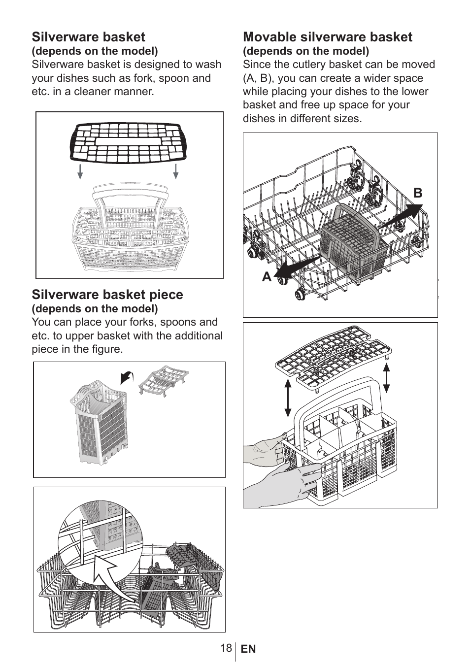Silverware basket, Silverware basket piece, Movable silverware basket | Blomberg GSN 9477 A User Manual | Page 19 / 42