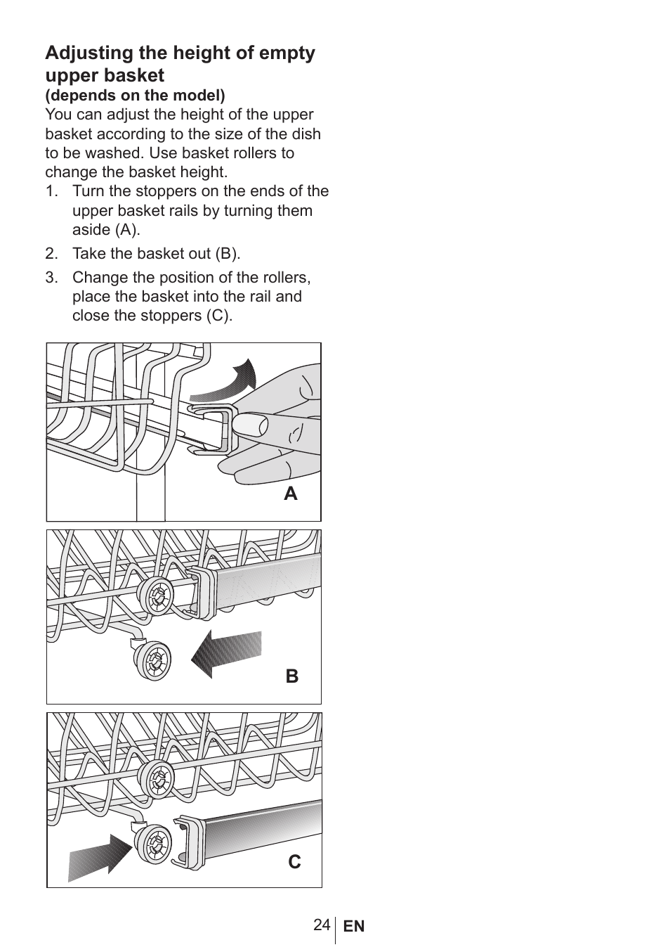 Adjusting the height of empty upper basket | Blomberg GSN 9477 A User Manual | Page 25 / 42