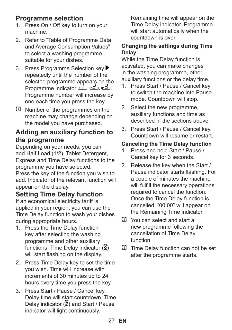 Programme selection, Adding an auxiliary function to the programme, Setting time delay function | Blomberg GSN 9477 A User Manual | Page 28 / 42