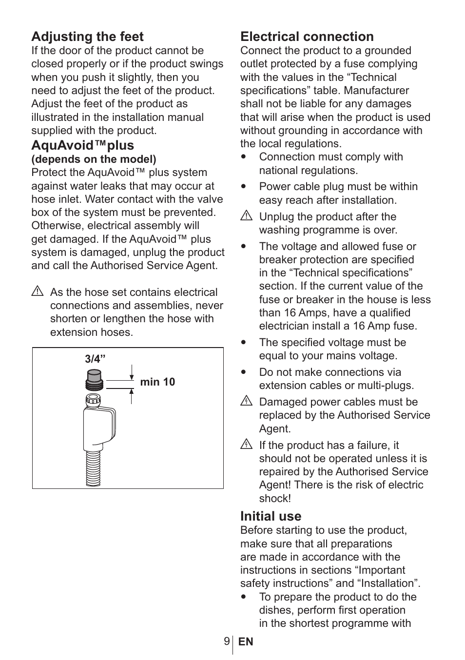 Adjusting the feet, Aquavoid™plus, Electrical connection | Initial use | Blomberg GSN 9423 A User Manual | Page 10 / 41