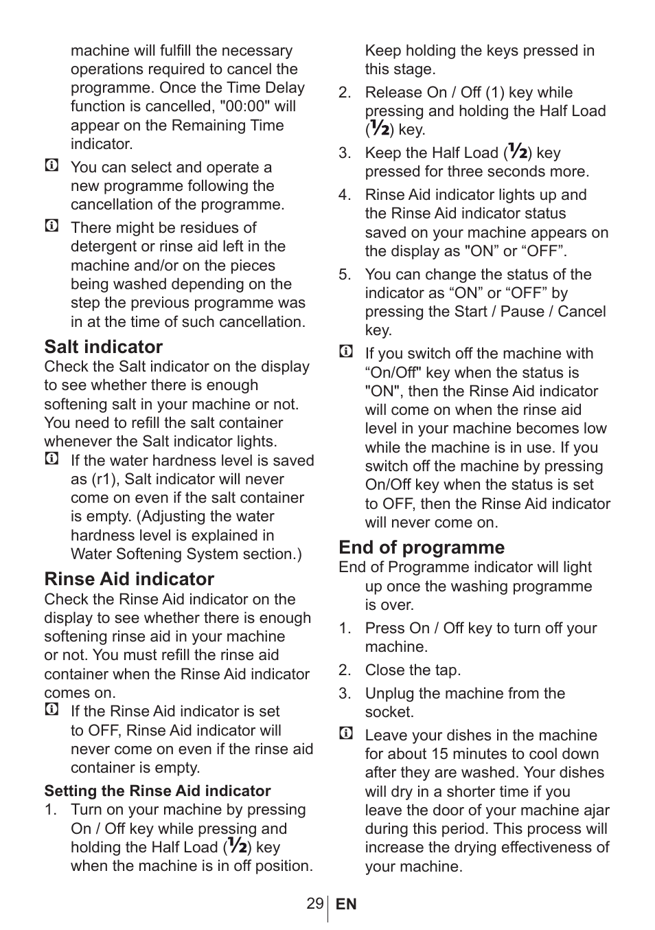 Salt indicator, Rinse aid indicator, End of programme | Blomberg GSN 9423 A User Manual | Page 30 / 41