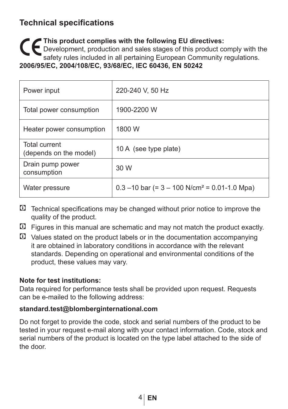 Technical specifications | Blomberg GSN 9423 A User Manual | Page 5 / 41