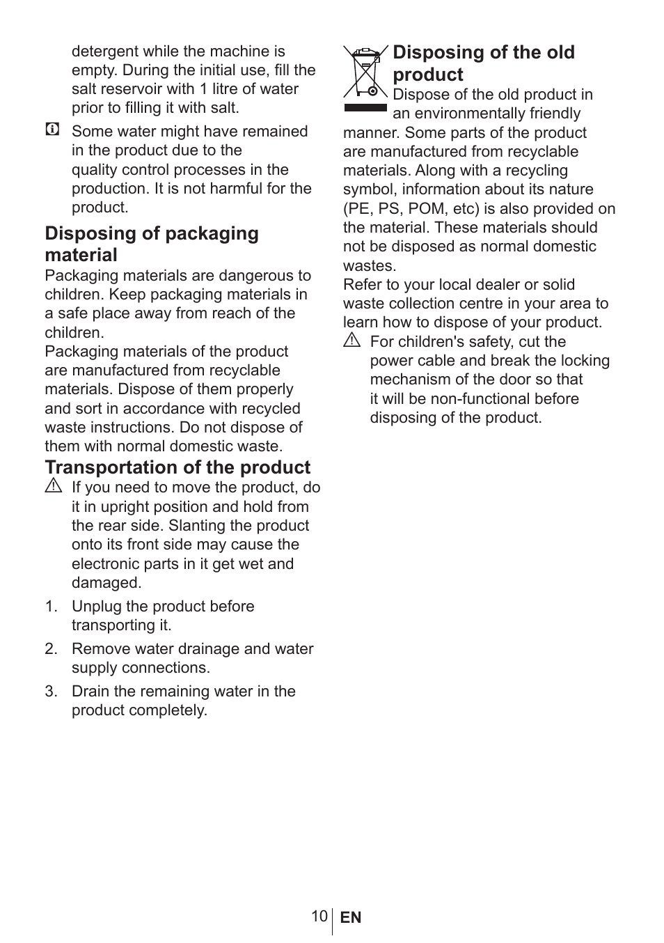 Disposing of packaging material, Transportation of the product a, Disposing of the old product | Blomberg GSN 9580 A User Manual | Page 11 / 46