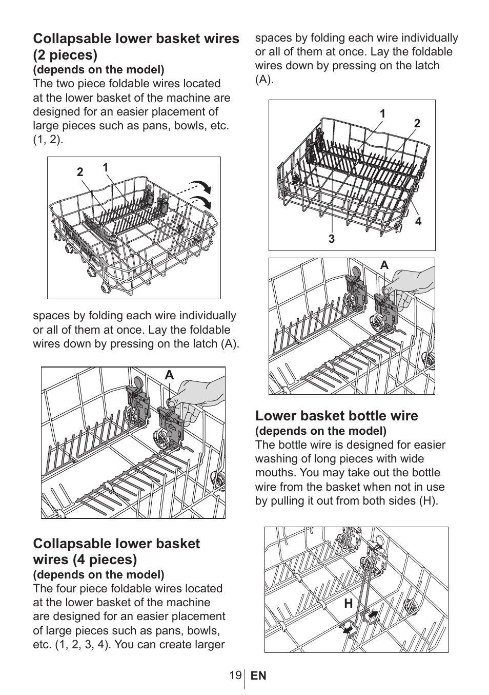 Collapsable lower basket wires (2 pieces), Collapsable lower basket wires (4 pieces), Lower basket bottle wire | Blomberg GSN 9580 A User Manual | Page 20 / 46