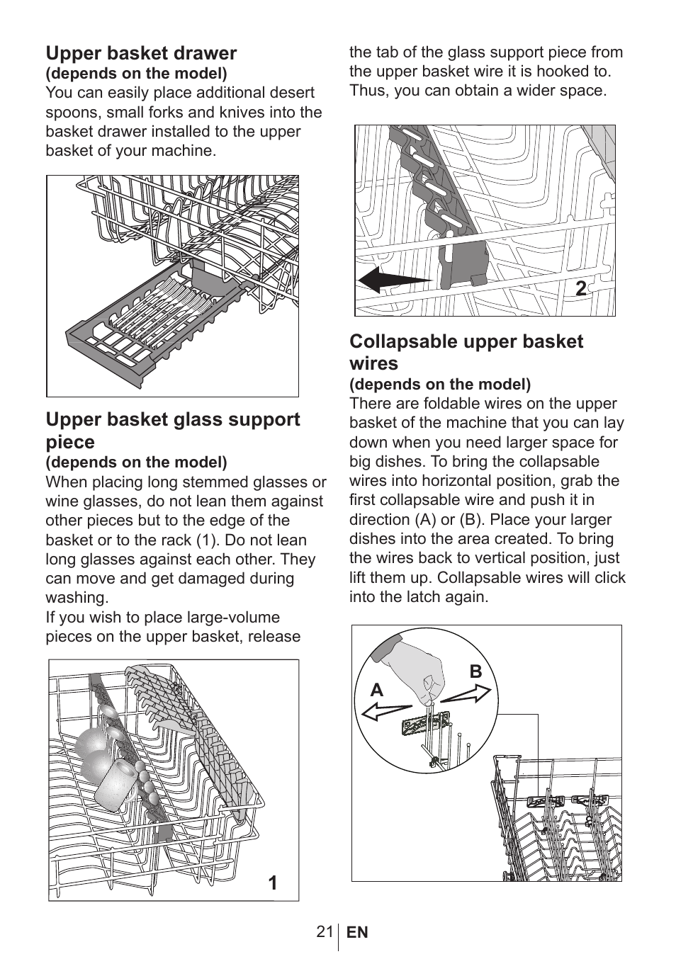 Upper basket drawer, Upper basket glass support piece, Collapsable upper basket wires | Blomberg GSN 9580 A User Manual | Page 22 / 46