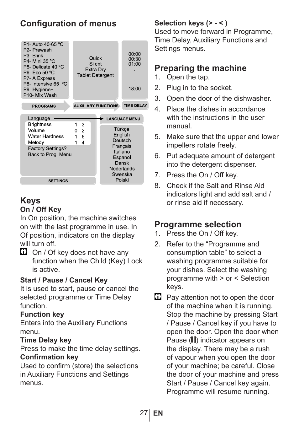 Configuration of menus keys, Preparing the machine, Programme selection | Blomberg GSN 9580 A User Manual | Page 28 / 46