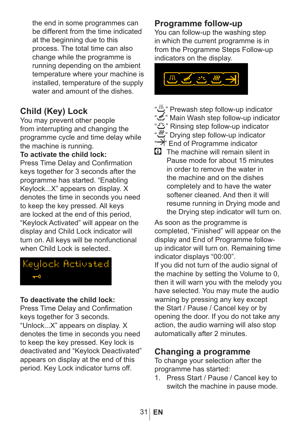 Child (key) lock, Programme follow-up, Changing a programme | Blomberg GSN 9580 A User Manual | Page 32 / 46