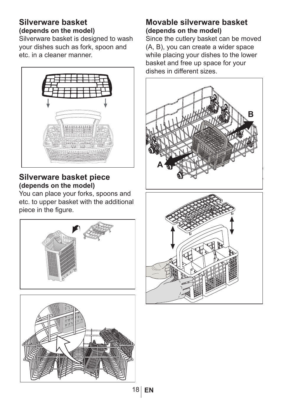 Silverware basket, Silverware basket piece, Movable silverware basket | Blomberg GSN 9582 A7 User Manual | Page 19 / 45