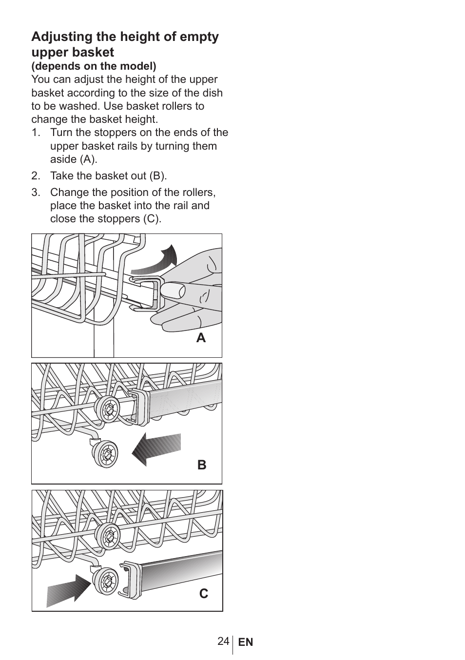 Adjusting the height of empty upper basket | Blomberg GSN 9582 A7 User Manual | Page 25 / 45