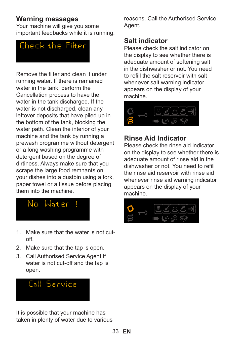 Warning messages, Salt indicator, Rinse aid indicator | Blomberg GSN 9582 A7 User Manual | Page 34 / 45