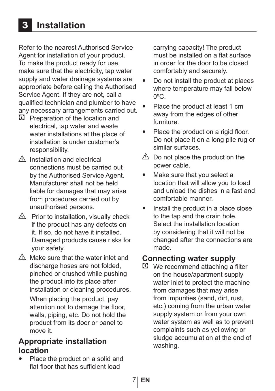 3installation, Appropriate installation location, Connecting water supply c | Blomberg GSN 9582 A7 User Manual | Page 8 / 45