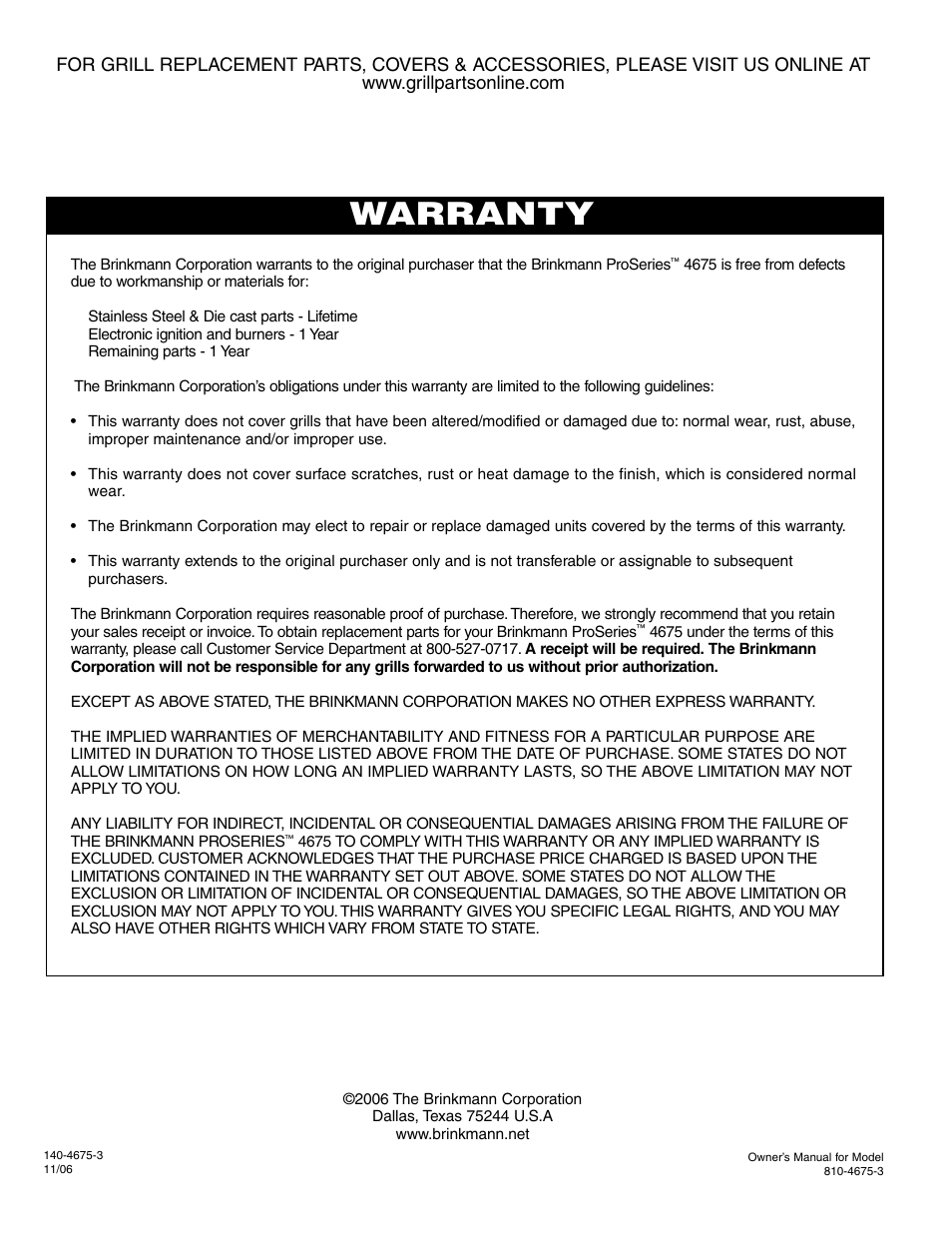 Warranty | Brinkmann Brinkamnn Pro Series Outdoor Grill 4675 User Manual | Page 36 / 36