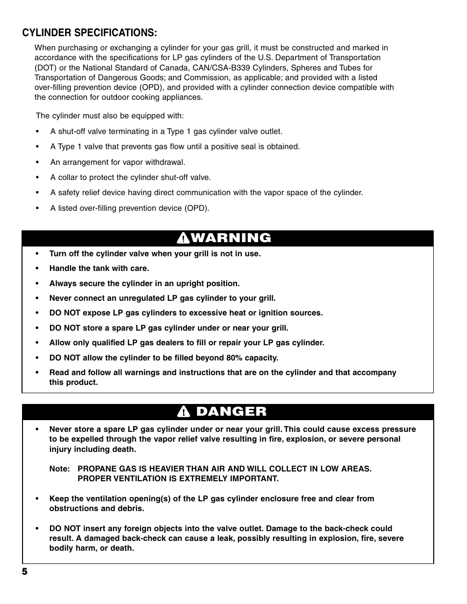 Warning danger, Cylinder specifications | Brinkmann Brinkamnn Pro Series Outdoor Grill 4675 User Manual | Page 6 / 36