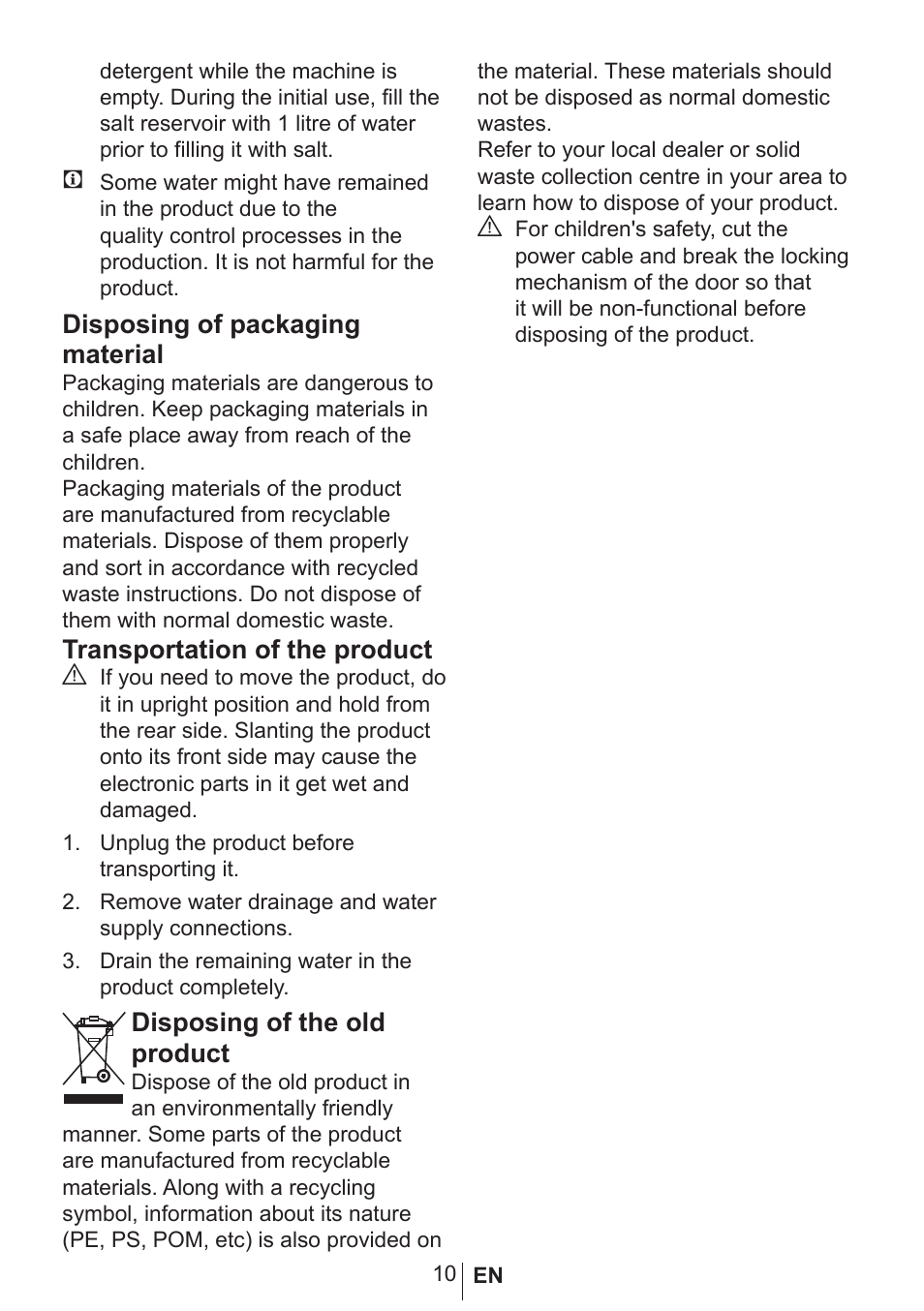Disposing of packaging material, Transportation of the product a, Disposing of the old product | Blomberg GSN 9585 A User Manual | Page 11 / 46