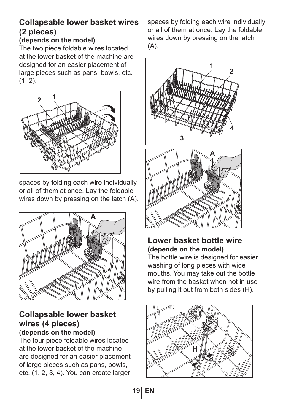 Collapsable lower basket wires (2 pieces), Collapsable lower basket wires (4 pieces), Lower basket bottle wire | Blomberg GSN 9585 A User Manual | Page 20 / 46