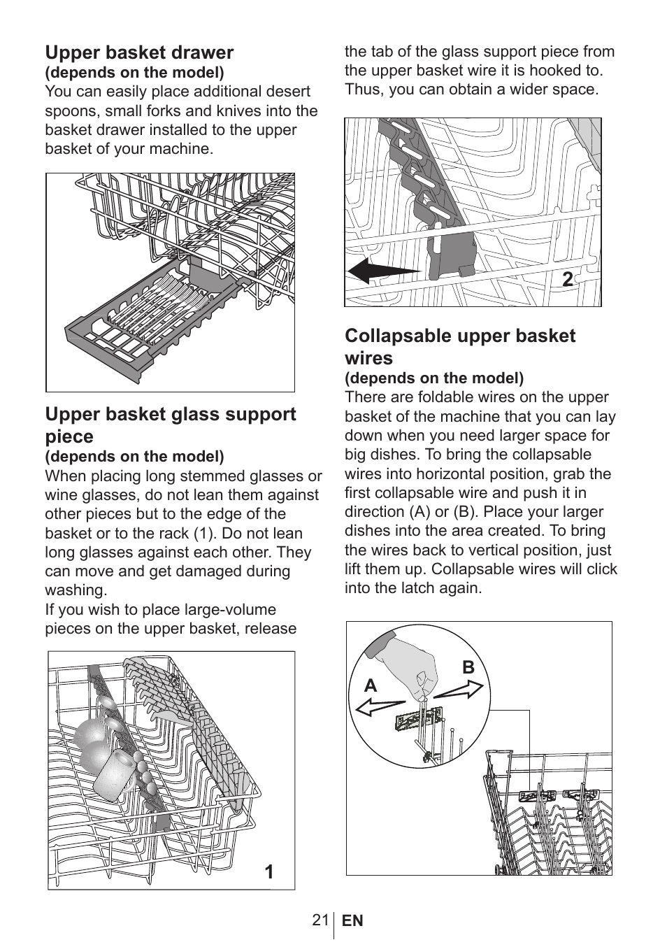 Upper basket drawer, Upper basket glass support piece, Collapsable upper basket wires | Blomberg GSN 9585 A User Manual | Page 22 / 46