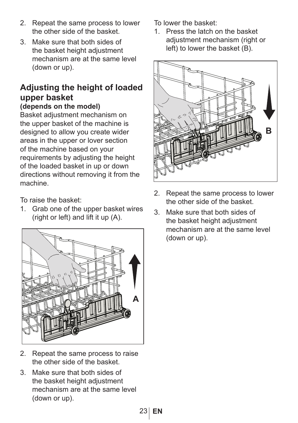 Adjusting the height of loaded upper basket | Blomberg GSN 9585 A User Manual | Page 24 / 46