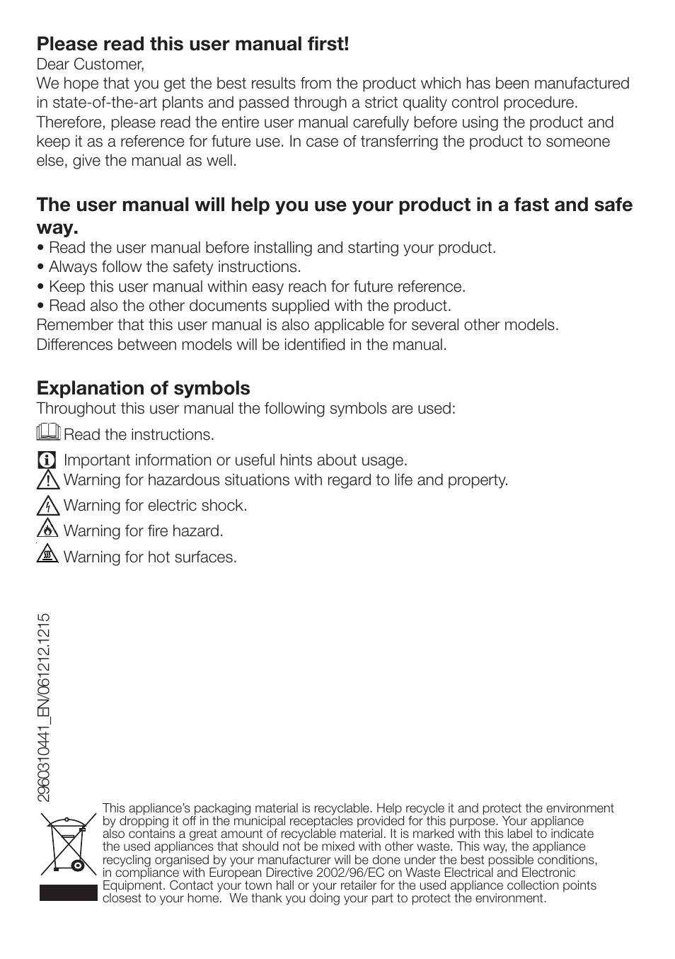 Please read this user manual first, Explanation of symbols | Blomberg TKF 8451 WZ GC 50 User Manual | Page 2 / 56