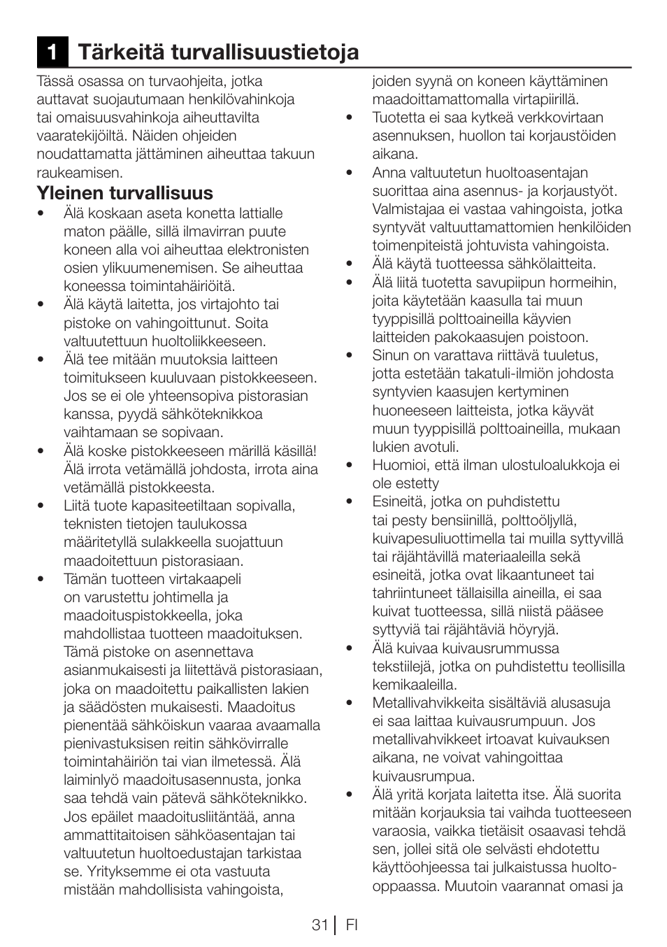 1tärkeitä turvallisuustietoja, Yleinen turvallisuus | Blomberg TKF 8451 WZ GC 50 User Manual | Page 31 / 56