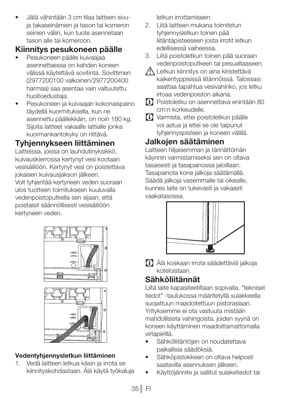 Jalkojen säätäminen, Sähköliitännät, Kiinnitys pesukoneen päälle | Tyhjennykseen liittäminen | Blomberg TKF 8451 WZ GC 50 User Manual | Page 35 / 56