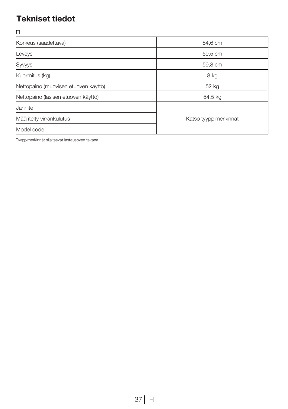 Tekniset tiedot, 37 fi | Blomberg TKF 8451 WZ GC 50 User Manual | Page 37 / 56