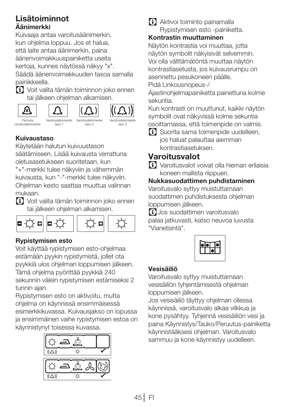 Lisätoiminnot, Varoitusvalot | Blomberg TKF 8451 WZ GC 50 User Manual | Page 45 / 56