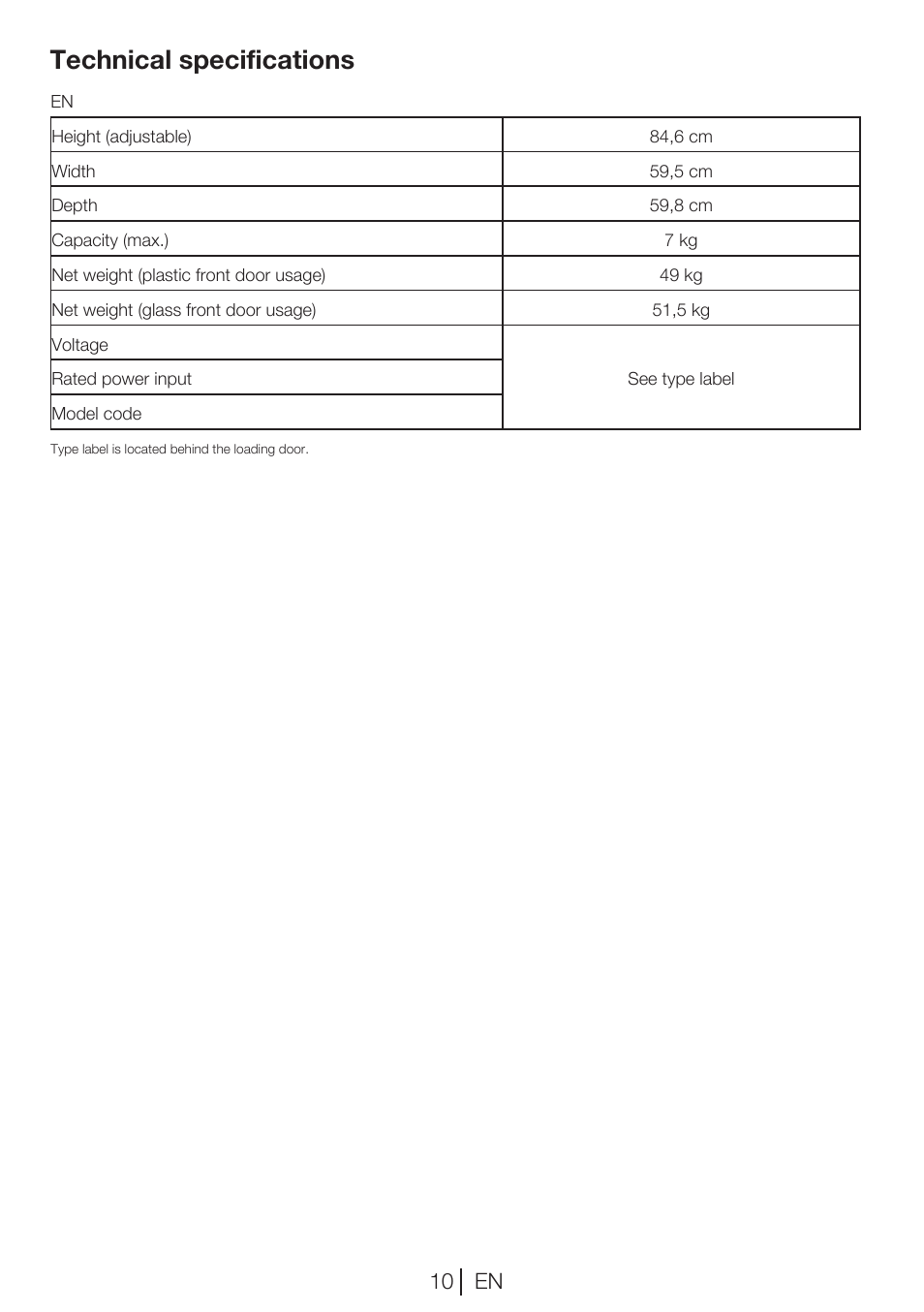 Technical specifications, 10 en | Blomberg TKF 7451 A 30 User Manual | Page 10 / 56