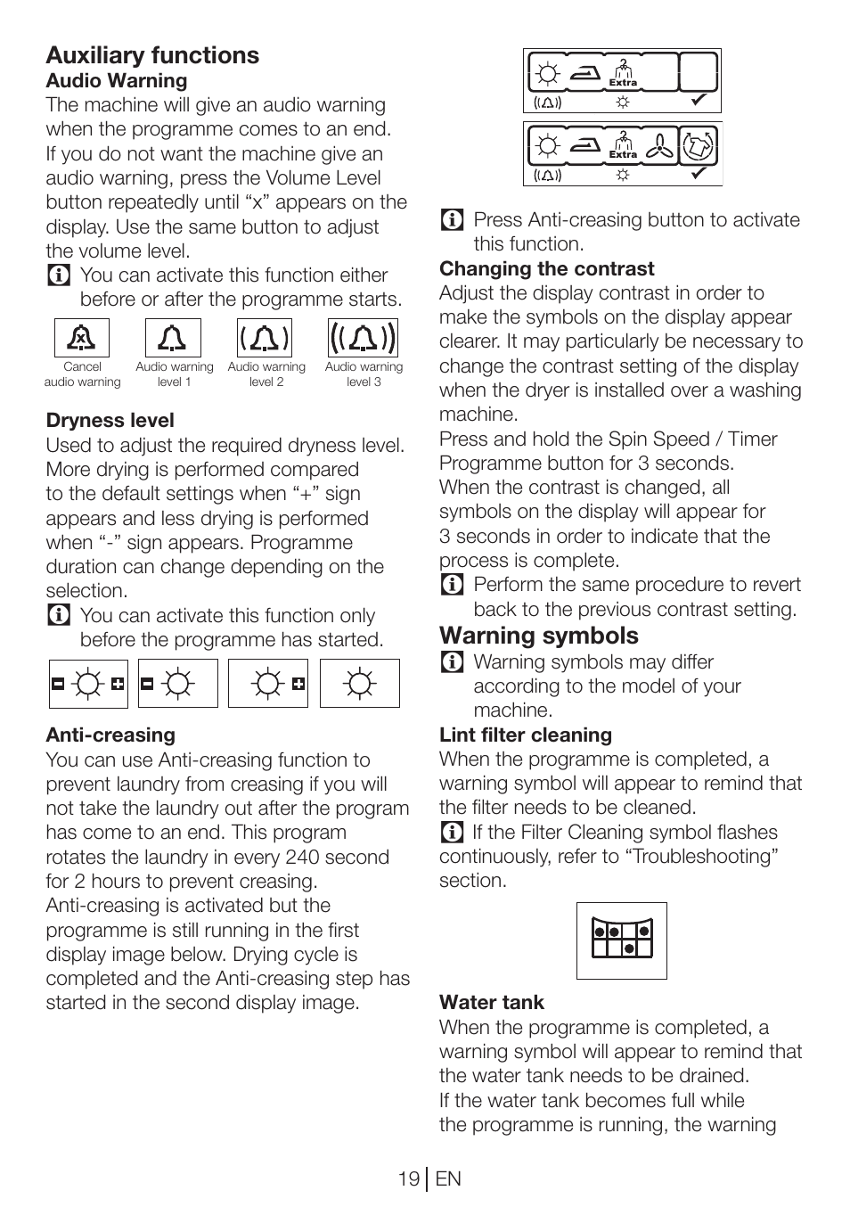 Auxiliary functions, Warning symbols | Blomberg TKF 7451 A 30 User Manual | Page 19 / 56