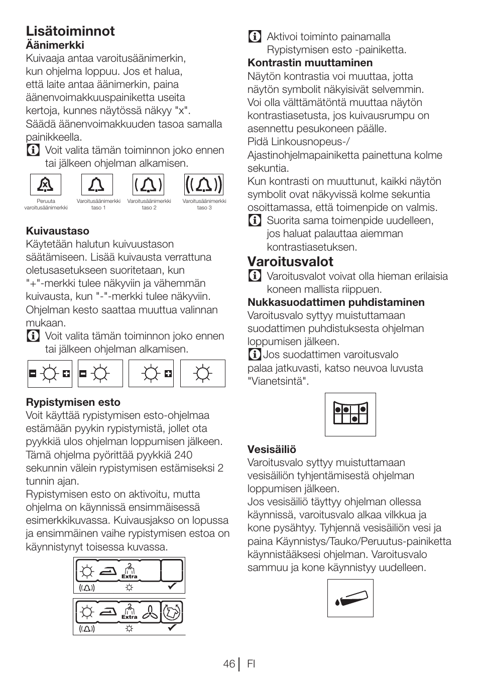 Lisätoiminnot, Varoitusvalot | Blomberg TKF 7451 A 30 User Manual | Page 46 / 56