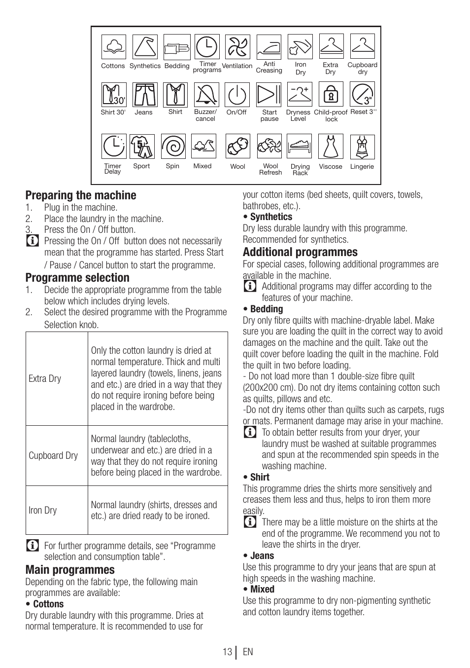 Preparing the machine, Programme selection, Main programmes | Additional programmes | Blomberg TKF 8451 SGC 30 User Manual | Page 13 / 48