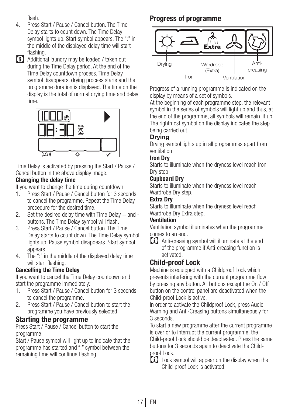 Starting the programme, Progress of programme, Child-proof lock | Blomberg TKF 8451 SGC 30 User Manual | Page 17 / 48