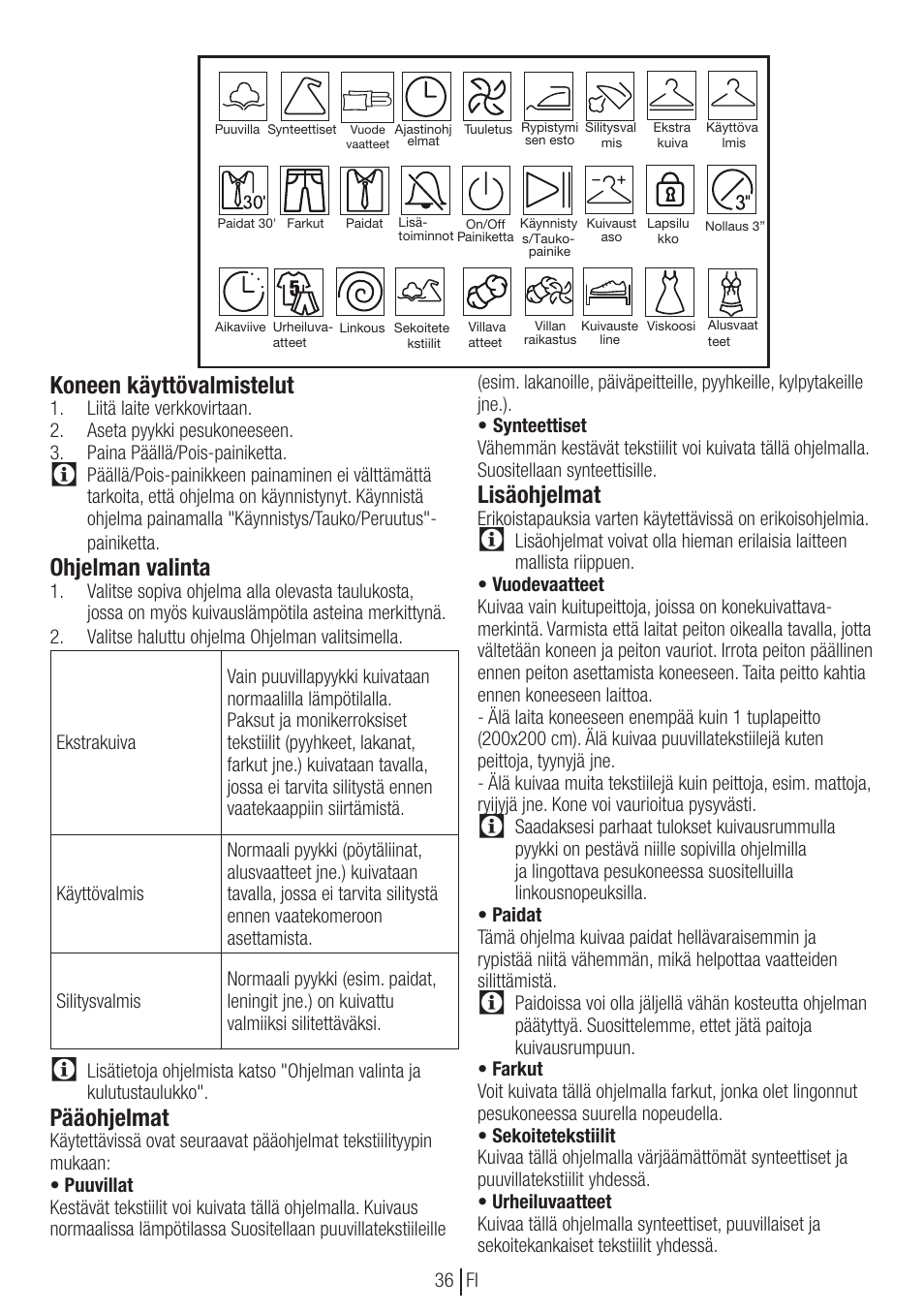 Koneen käyttövalmistelut, Ohjelman valinta, Pääohjelmat | Lisäohjelmat | Blomberg TKF 8451 SGC 30 User Manual | Page 36 / 48